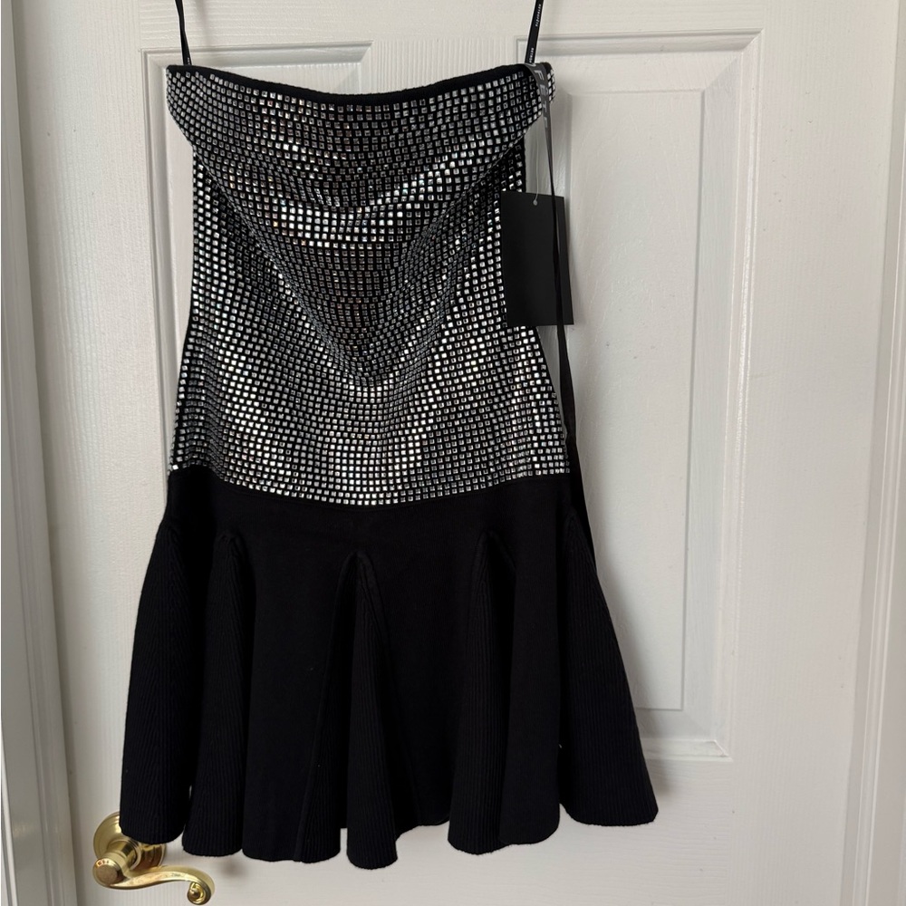 Retrofete Black and Silver Strapless Sequin Knit Dress
